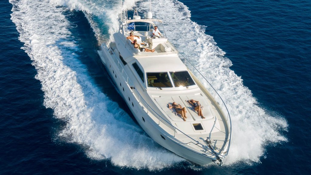 Luxury Ferretti yacht photographed by drone in the Ionian Sea near Corfu