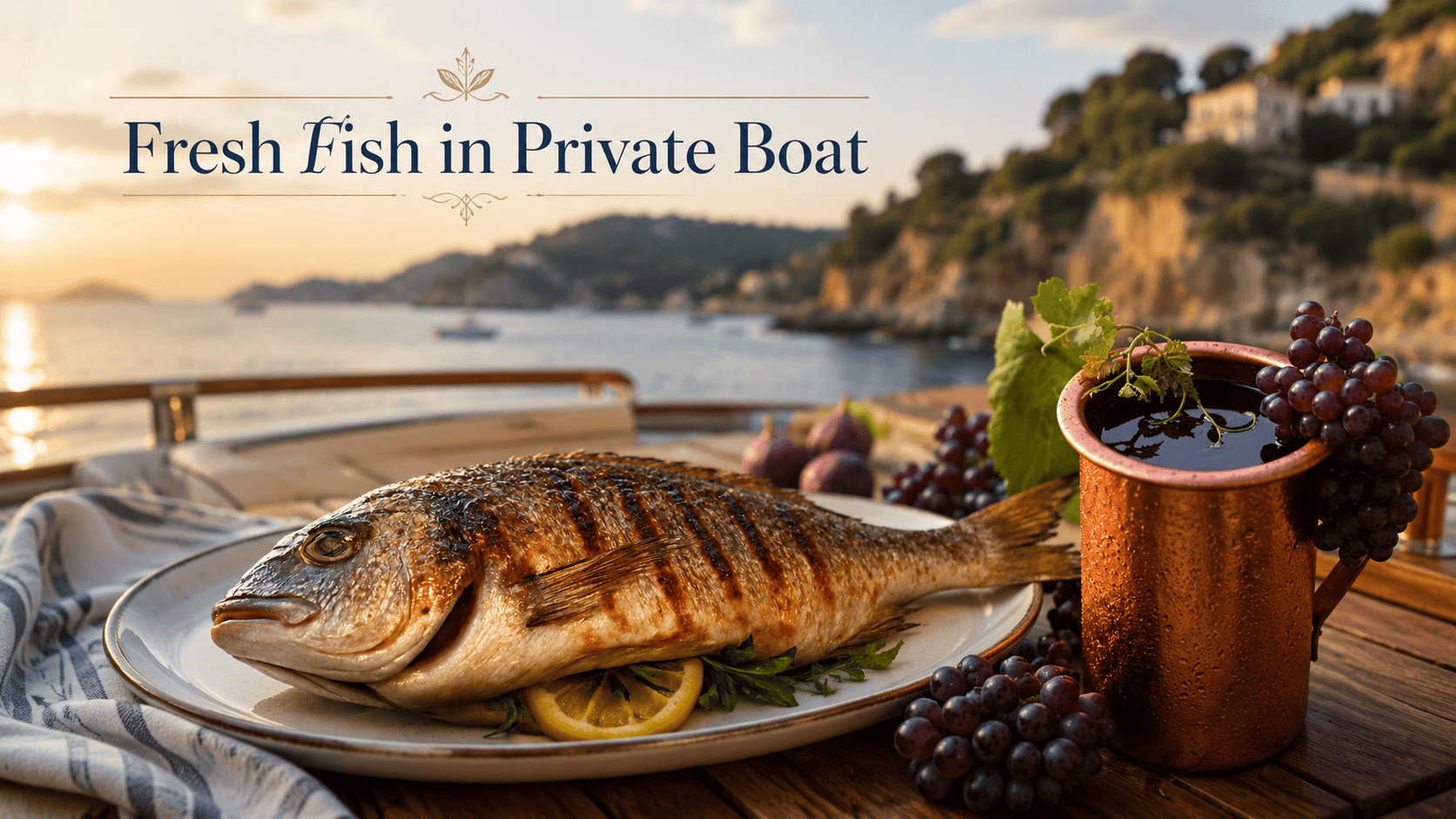 Fresh grilled fish and homemade Corfu wine served during a private boat trip