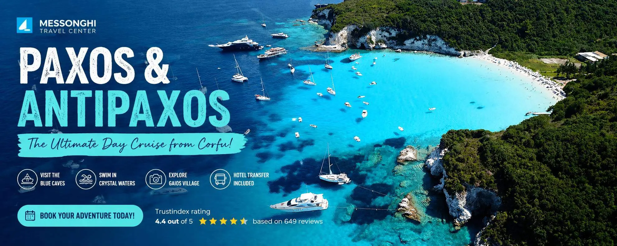 Join a full-day Paxos and Antipaxos boat trip from Corfu. Swim in turquoise waters, visit Blue Caves and relax on paradise beaches. Free transfer and daily departures available.