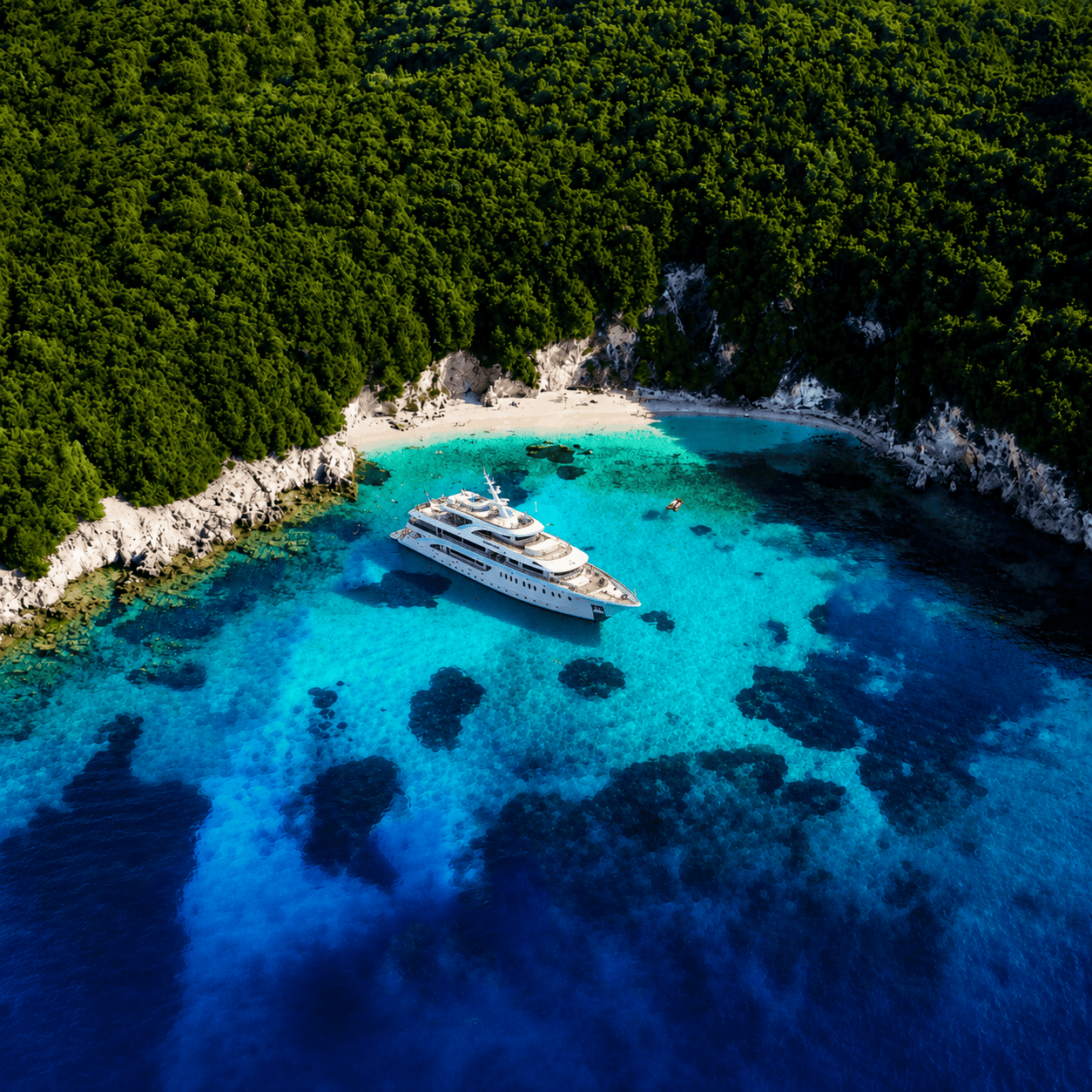 Colourful Parga waterfront and clear Blue Lagoon water near Sivota on a cruise from Corfu