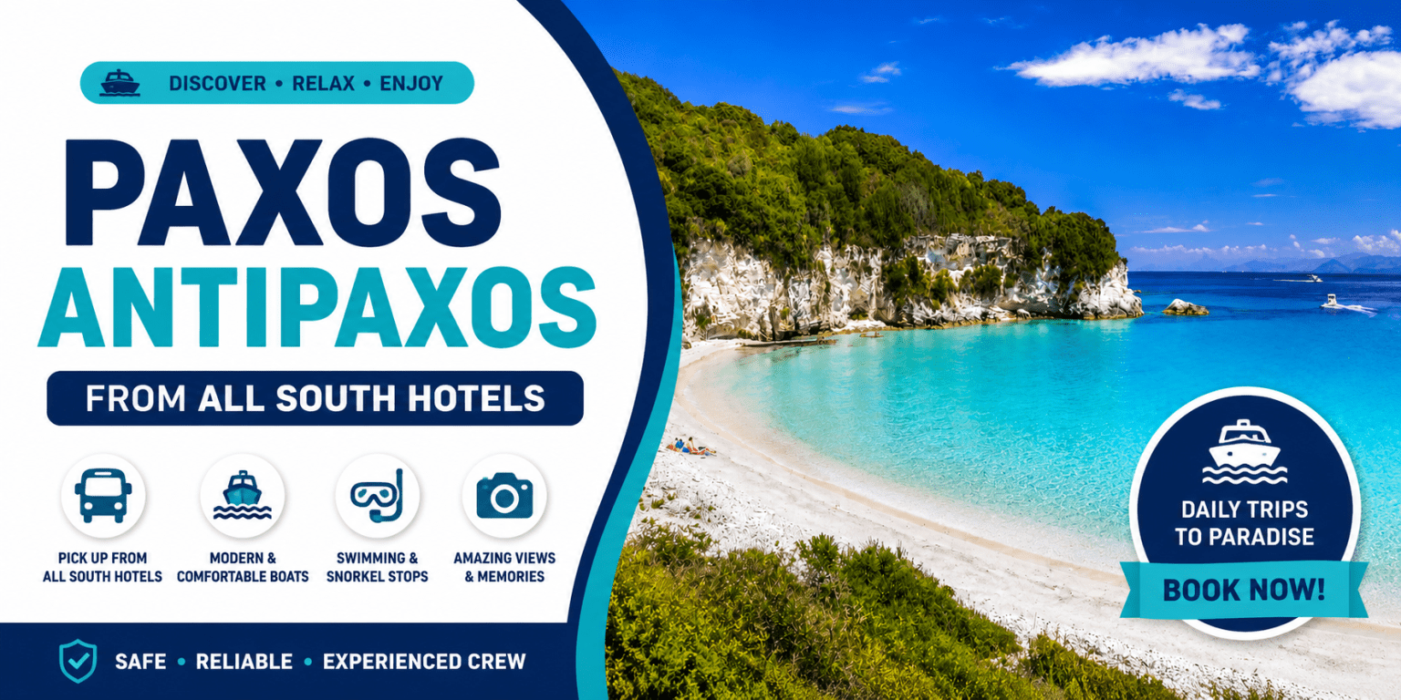 Join a full-day Paxos and Antipaxos boat trip from Corfu. Swim in turquoise waters, visit Blue Caves and relax on paradise beaches. Free transfer and daily departures available.