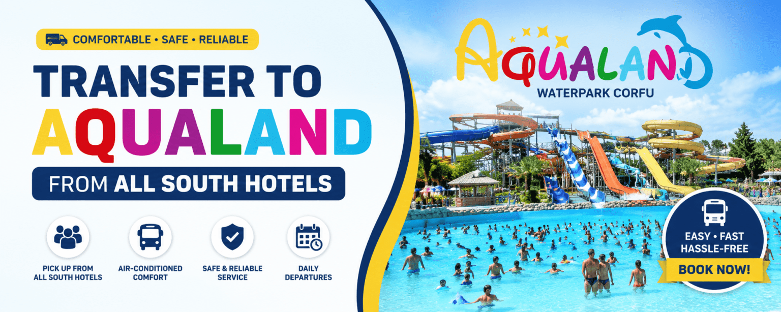 CORFU HOTEL TRANSFER TO aqualand from messonghi moraitika kavos lefkimi benitses perama